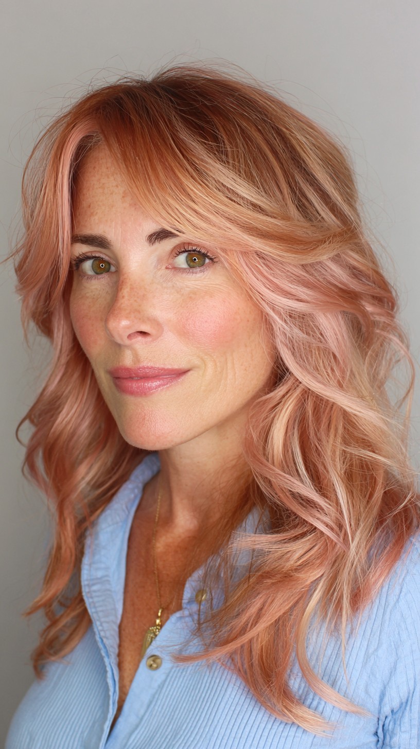 Textured Rose Gold Balayage with Effortless Waves