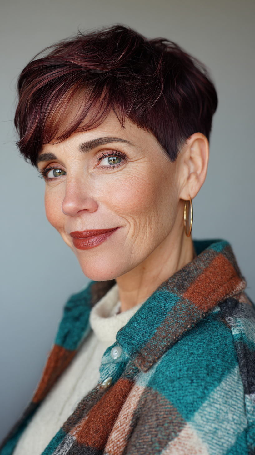 Chic Cherry Cola Pixie Cut with Soft Textured Layers