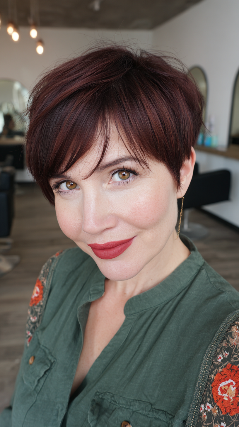 Bold Cherry Cola Pixie Cut with Playful Texture