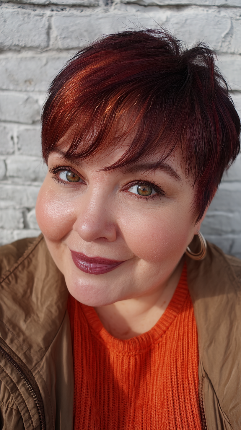 Bold Cherry Cola Pixie Cut with Subtle Layers