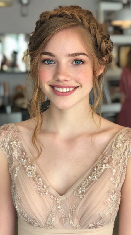 Charming Braided Crown Updo with Soft Face-Framing Strands