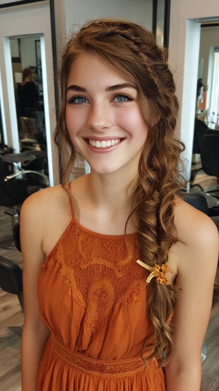 Charming Braided Side Ponytail with Loose Waves