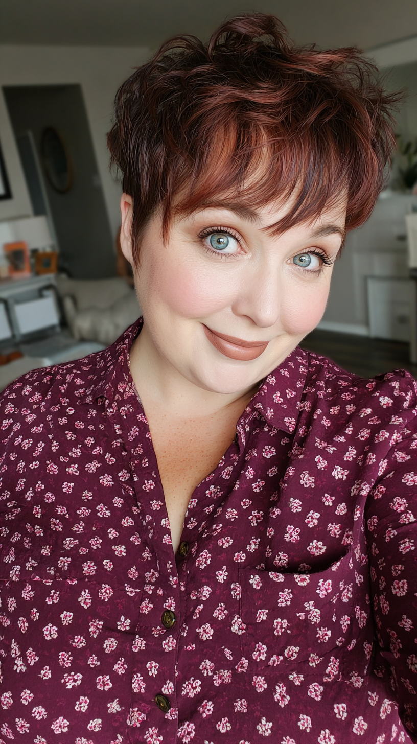 Charming Cherry Cola Pixie Cut with Feathered Layers