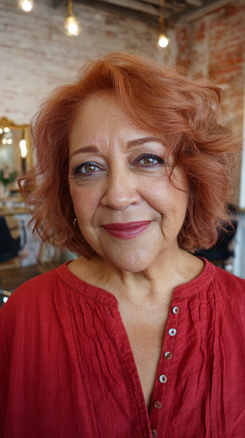 Charming Copper Rose Gold Curly Lob with Soft Layers