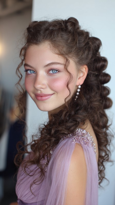 Charming Curly Half-Up Hairstyle with Twisted Elements