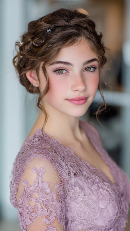 Charming Curly Updo with Delicate Braid Accents