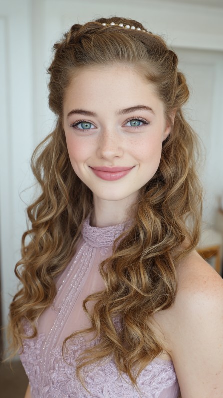 Charming Half Up Half Down Defined Curls with Pearl Accents