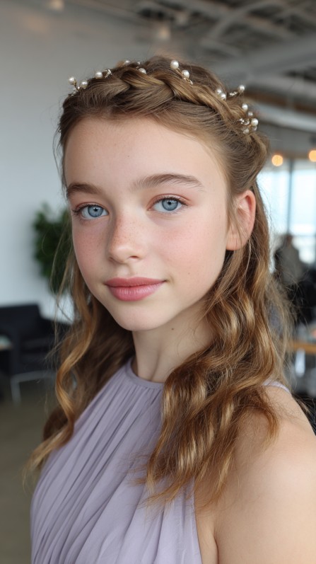 Charming Half Up Half Down Textured Waves with Pearl Accents