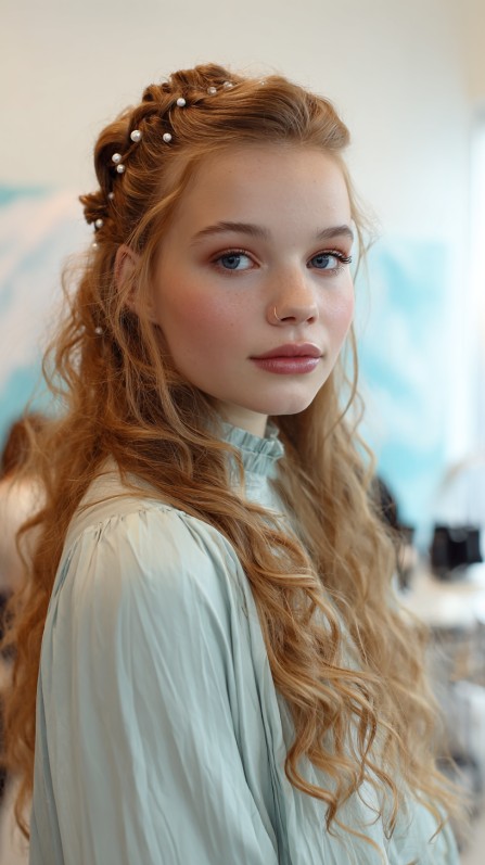 Charming Half Up Half Down Twisted Quinceanera Hairstyle with Pearls