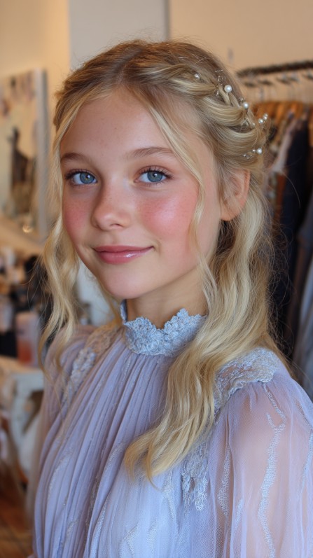 Charming Half-Up Waves with Delicate Pearl Accents