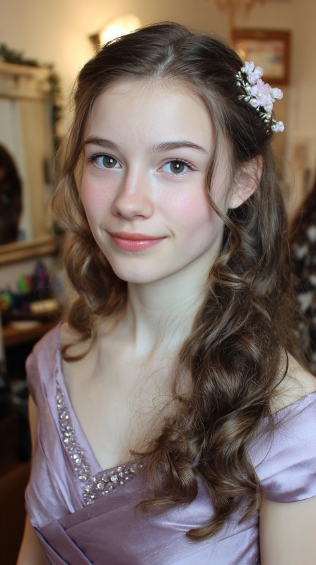 Charming Loose Curls with Floral Hair Accessory