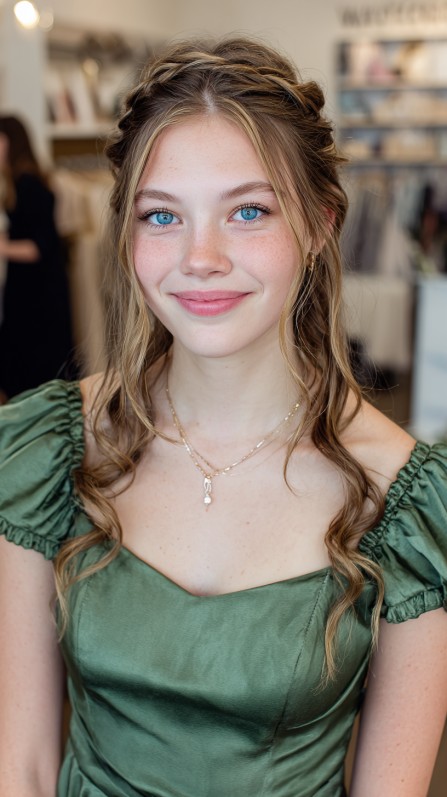 Charming Loose Waves with Braided Crown Accents