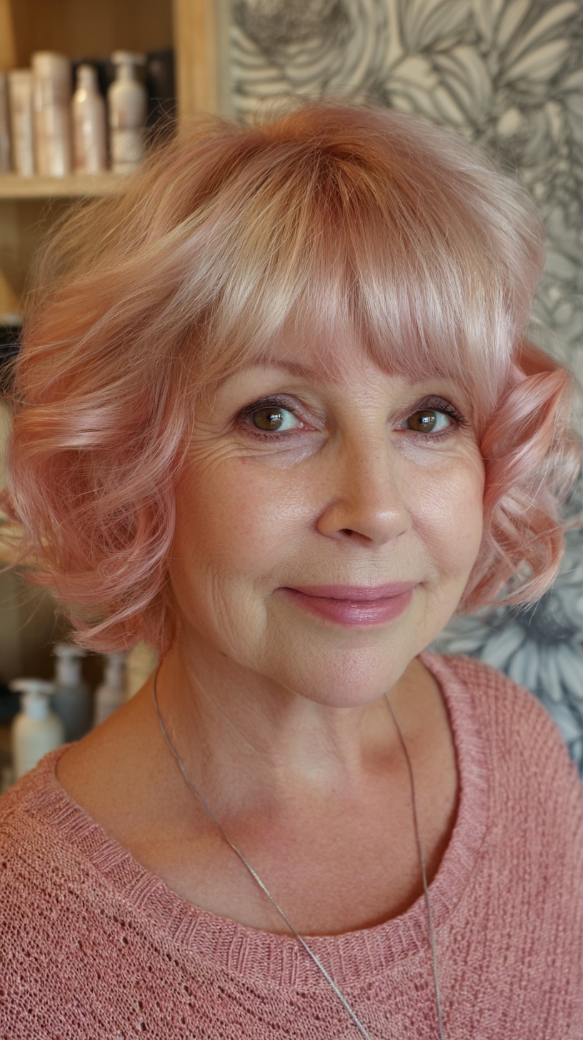 Charming Rose Gold Curly Lob with Soft Bangs