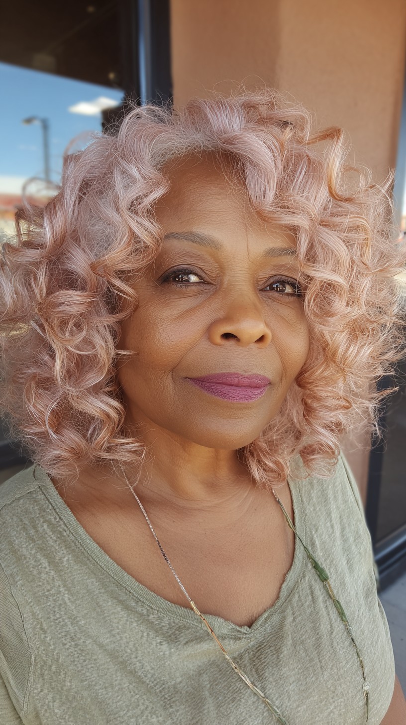 Charming Rose Gold Curly Shoulder-Length Haircut