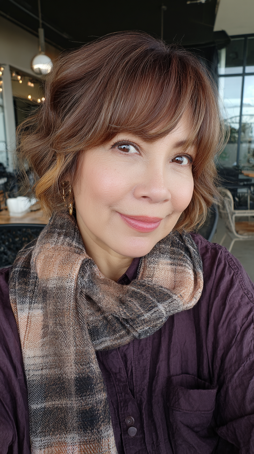 Charming Short Caramel Brown Curly Cut with Soft Bangs