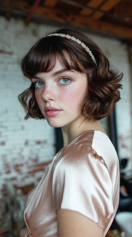 Charming Short Curly Bob with Elegant Headband