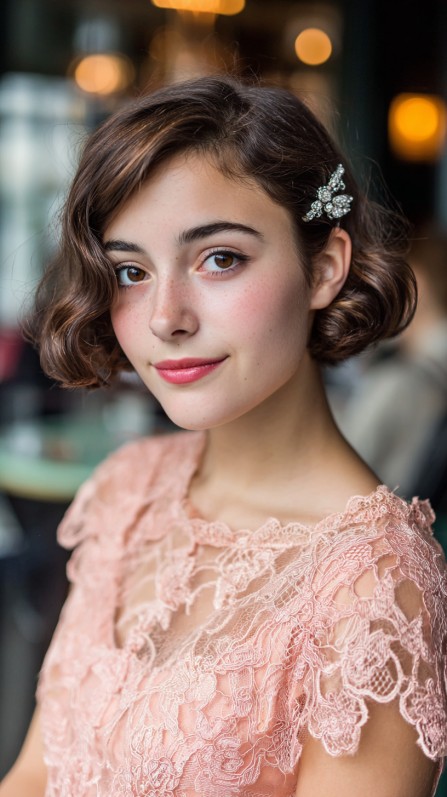 Charming Short Curly Bob with Vintage Hairpin