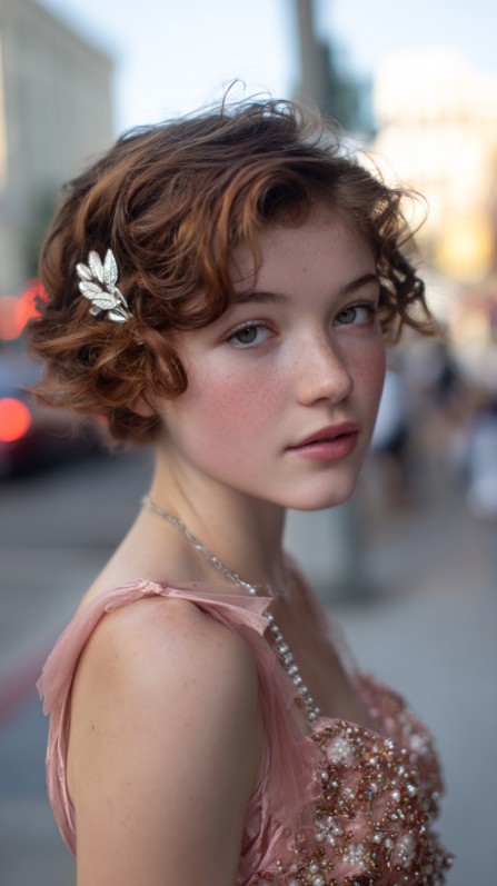 Charming Short Curly Cut with Elegant Hair Clip