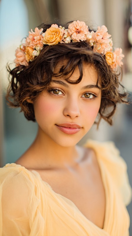 Charming Short Curly Cut with Floral Accents
