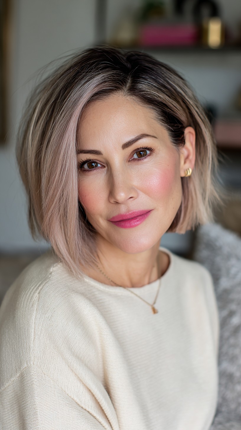 Chic Blunt Rose Gold Lob with Subtle Texturing