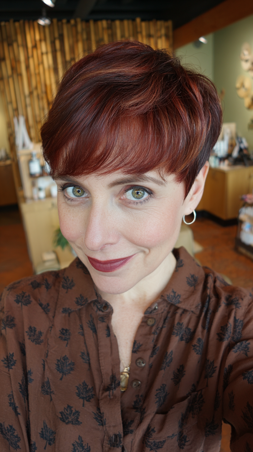 Chic Cherry Cola Pixie Cut with Subtle Layers