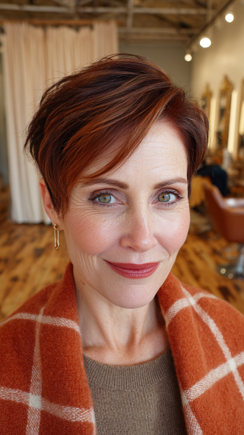 Chic Cherry Cola Pixie Cut with Subtle Textured Layers