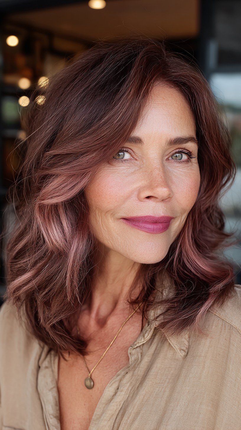Chic Chocolate Rose Gold Waves with Face-Framing Layers