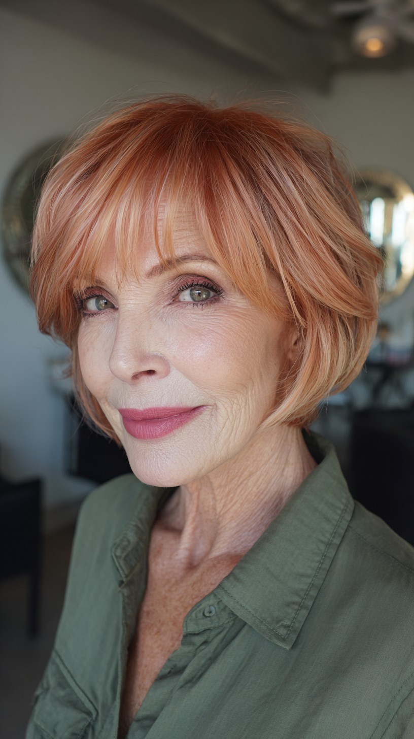 Chic Copper Rose Gold Textured Bob with Soft Bangs