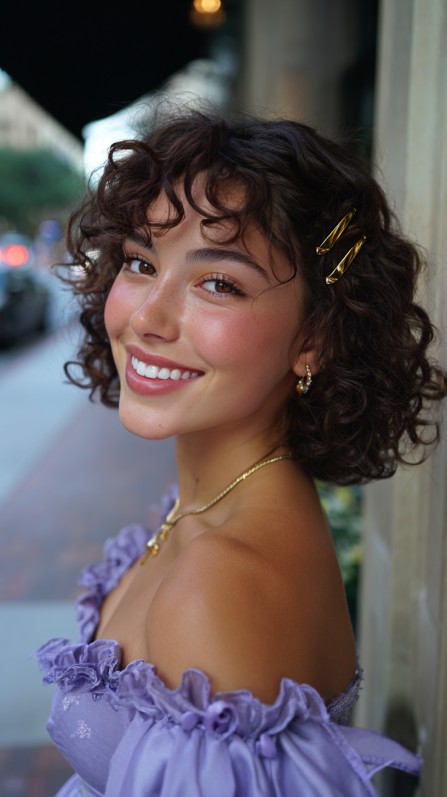 Chic Curly Bob with Gold Hair Accessories