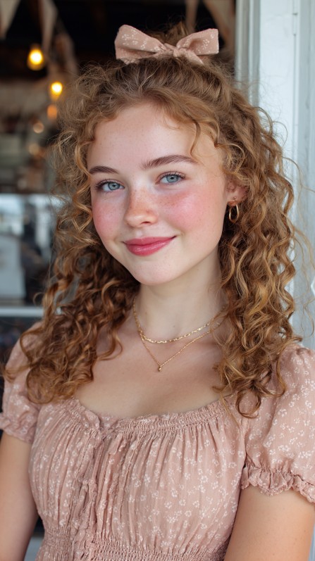 Chic Curly Half-Up Hairstyle with Bow Accent