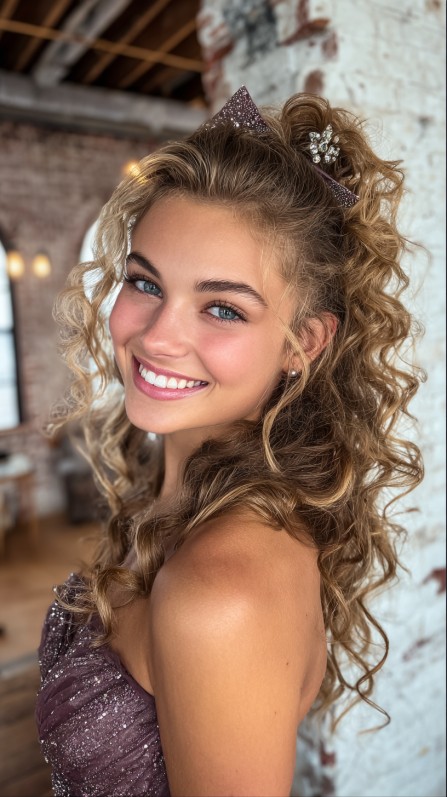 Chic Curly Half-Up Hairstyle with Sparkling Bow