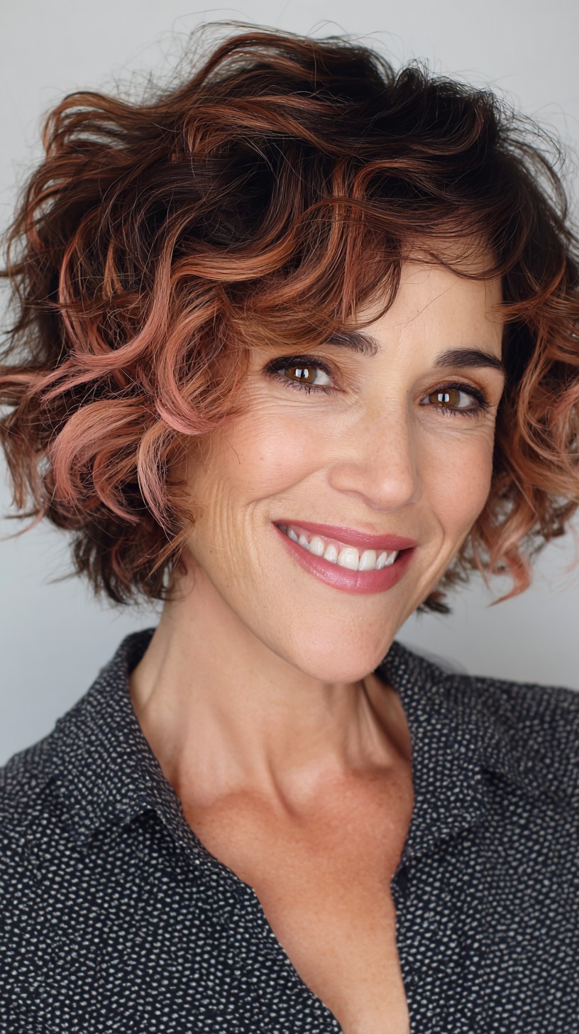 Chic Curly Rose Gold Bob with Subtle Highlights