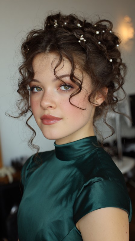 Chic Curly Updo with Pearl Accents