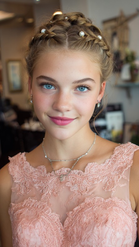 Chic Double Braid Updo with Pearl Accents