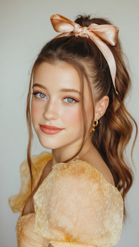 Chic Half-Up Curly Ponytail with Ribbon