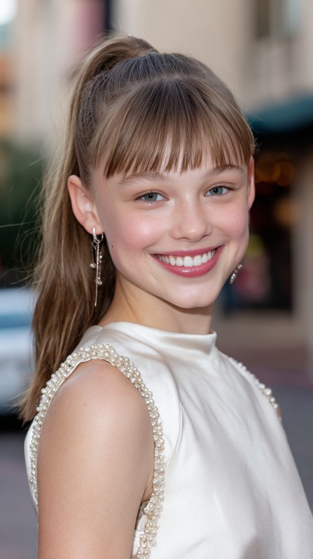 Chic Half-Up Ponytail with Soft Bangs