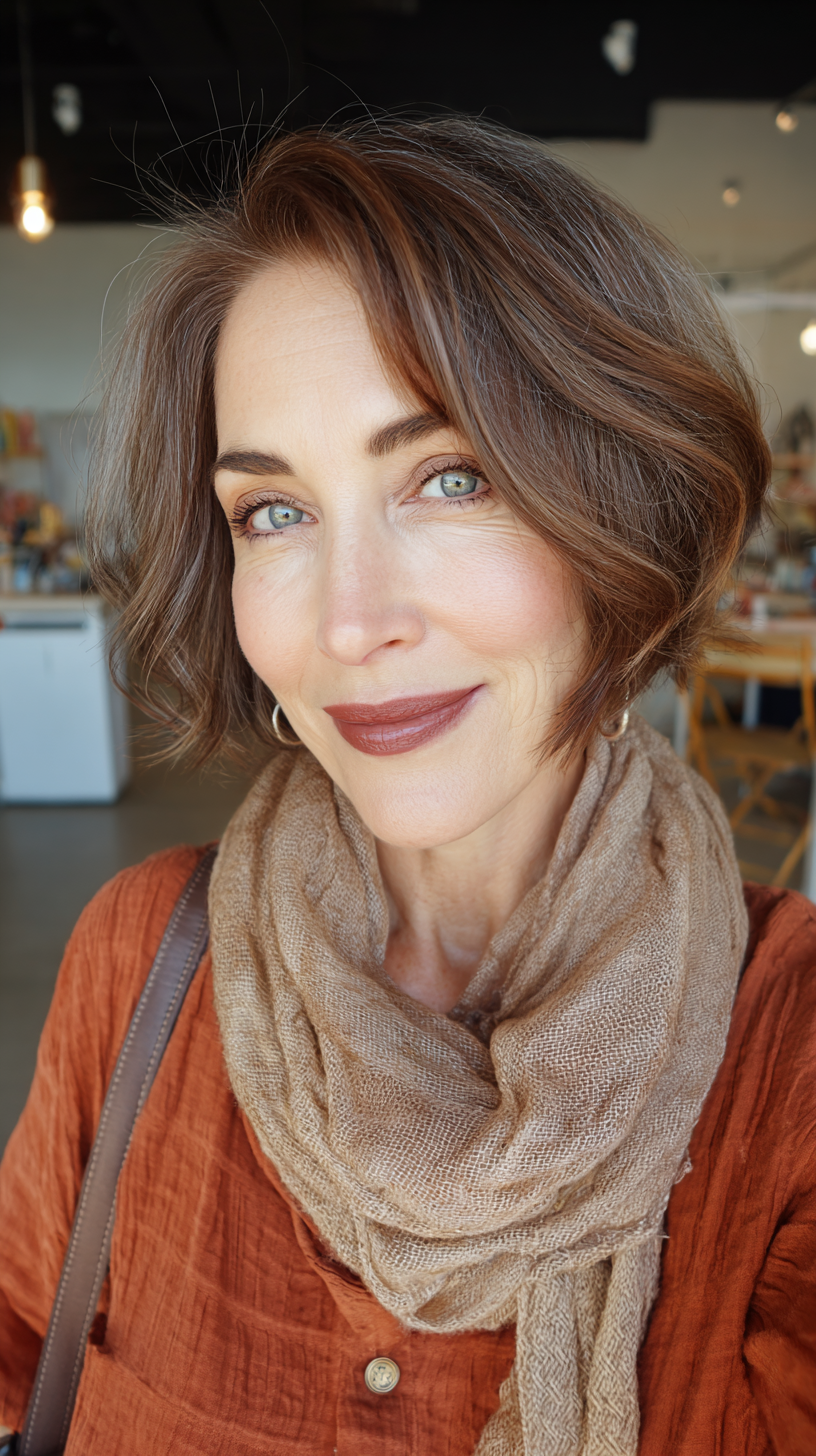 Chic Layered Brunette Bob with Soft Waves