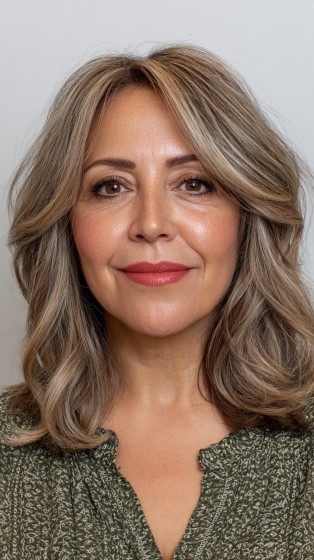 Chic Light Brown Textured Waves with Subtle Face-Framing Highlights