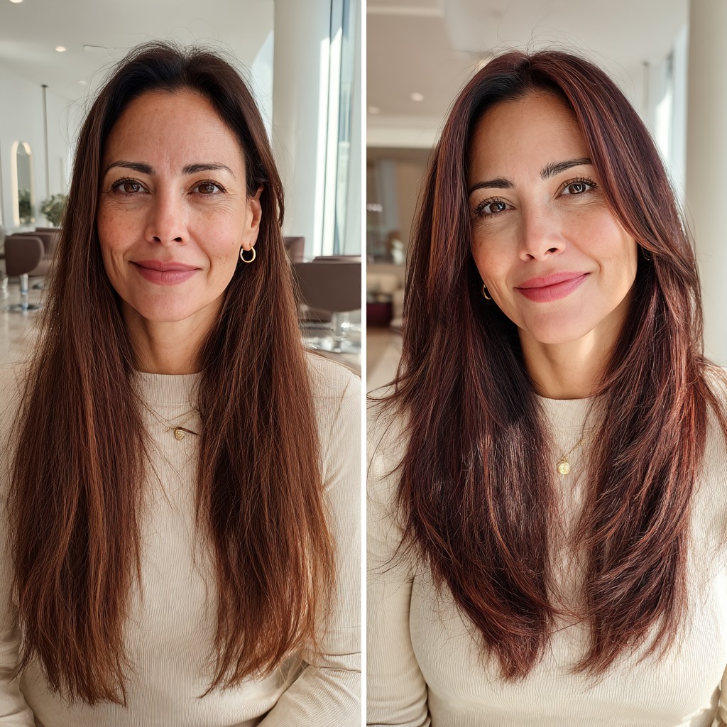 Chic Long Layered Haircut with Rose Gold Highlights