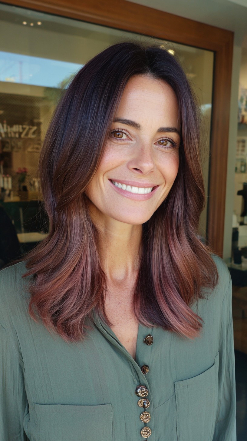 Chic Mid-Length Rose Gold Balayage with Soft Waves