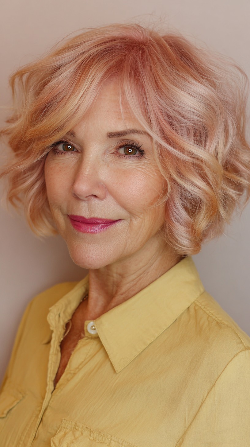 Chic Rose Gold Curly Bob with Face-Framing Layers