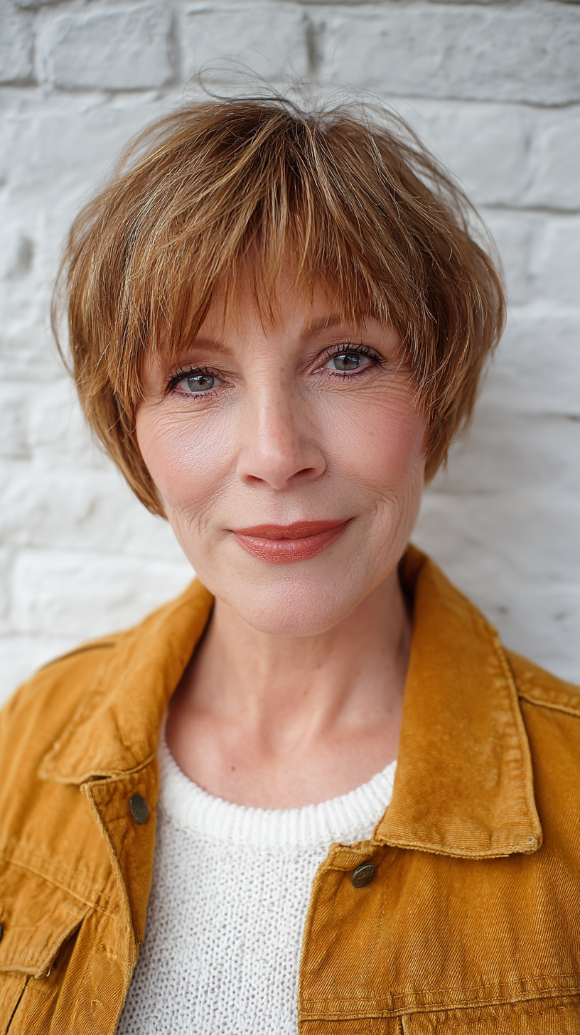 Chic Short Caramel Brown Textured Bob with Soft Bangs