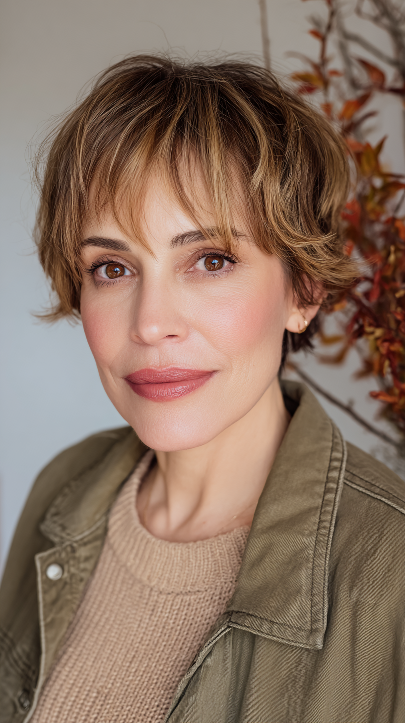 Chic Short Caramel Brown Textured Cut with Soft Bangs