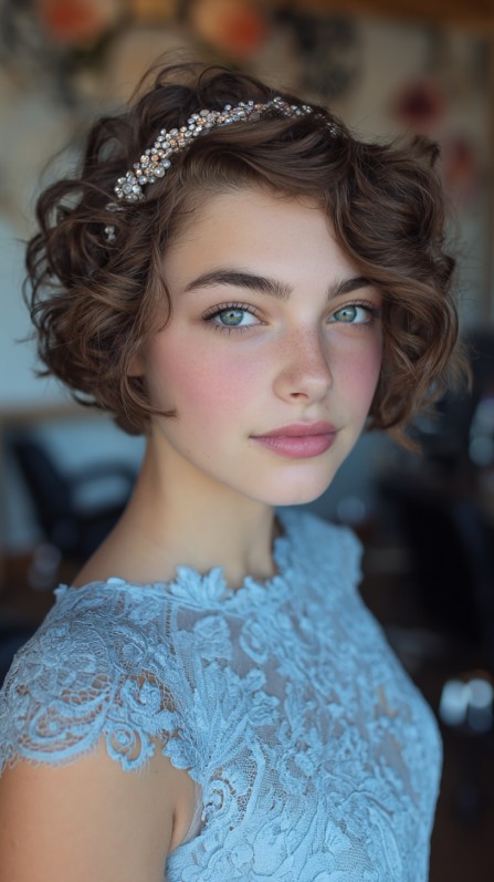 Chic Short Curly Cut with Pearl Accents