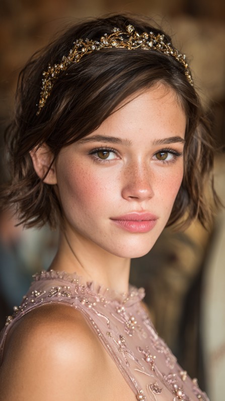 Chic Short Tousled Bob with Elegant Hair Accessories