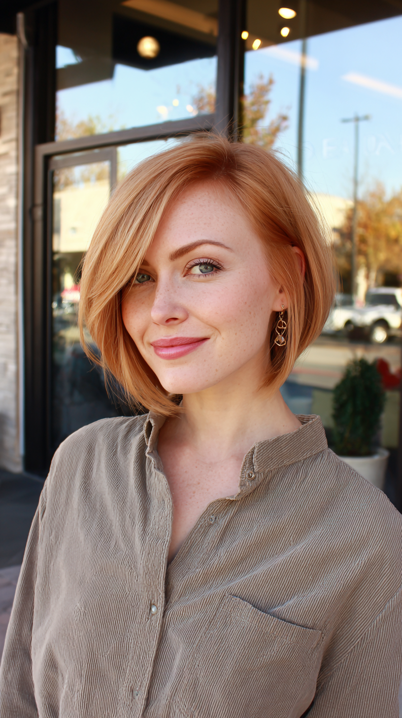 Chic Strawberry Blonde Bob with Side-Swept Bangs