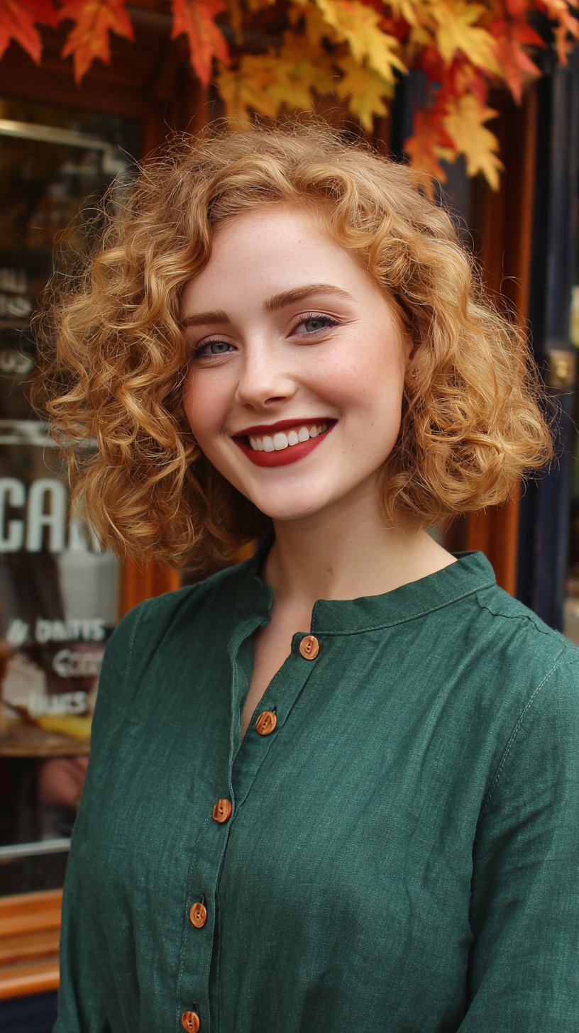Chic Strawberry Blonde Curly Bob with Defined Curls