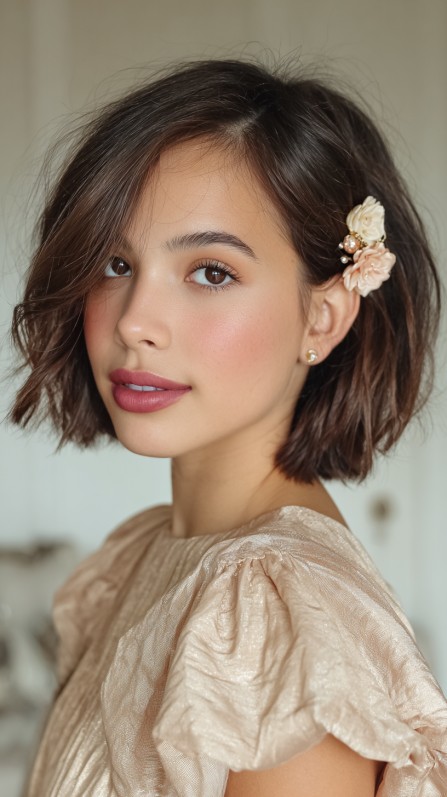 Chic Textured Bob with Floral Accents