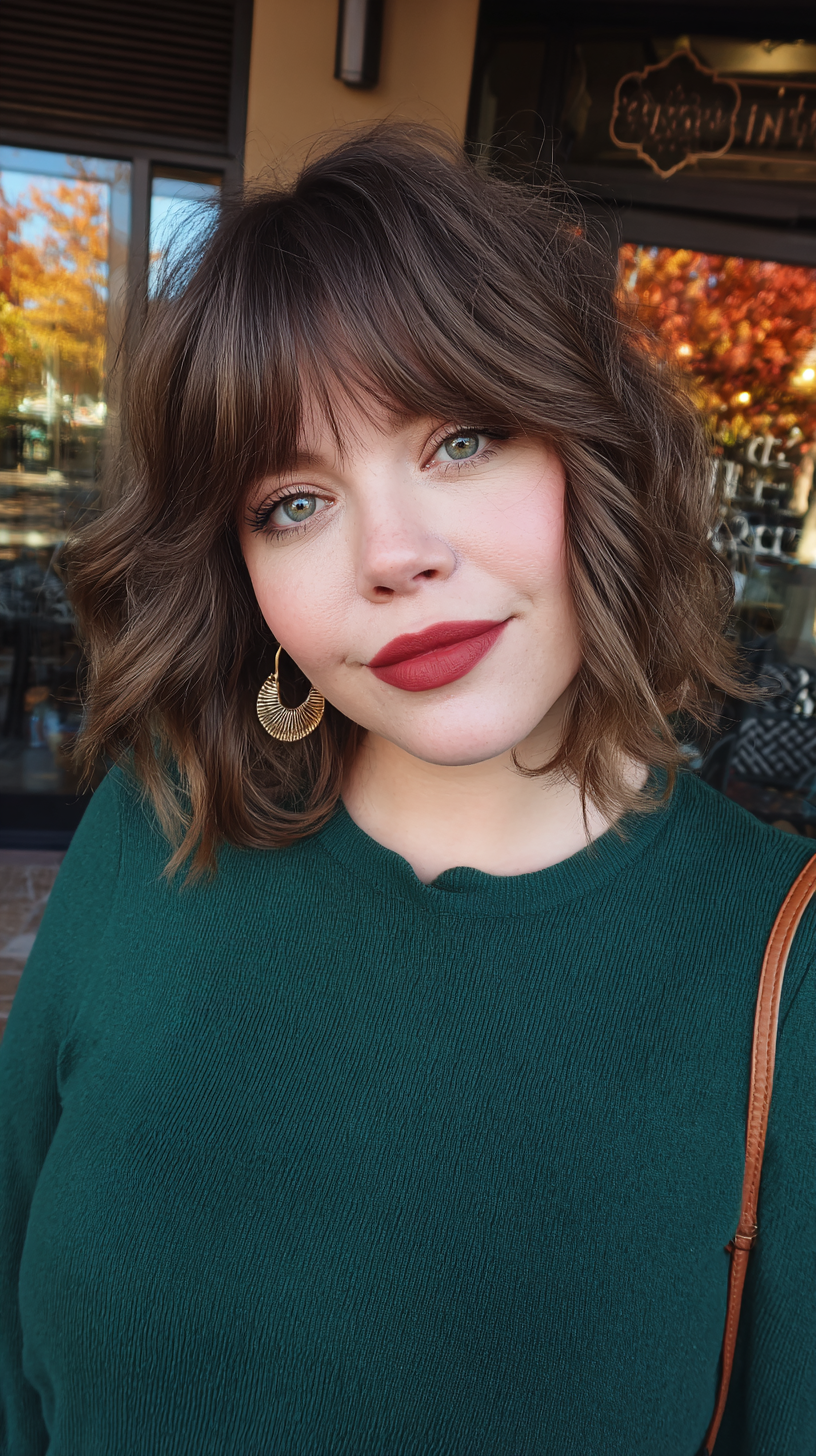 Chic Textured Brunette Bob with Soft Bangs
