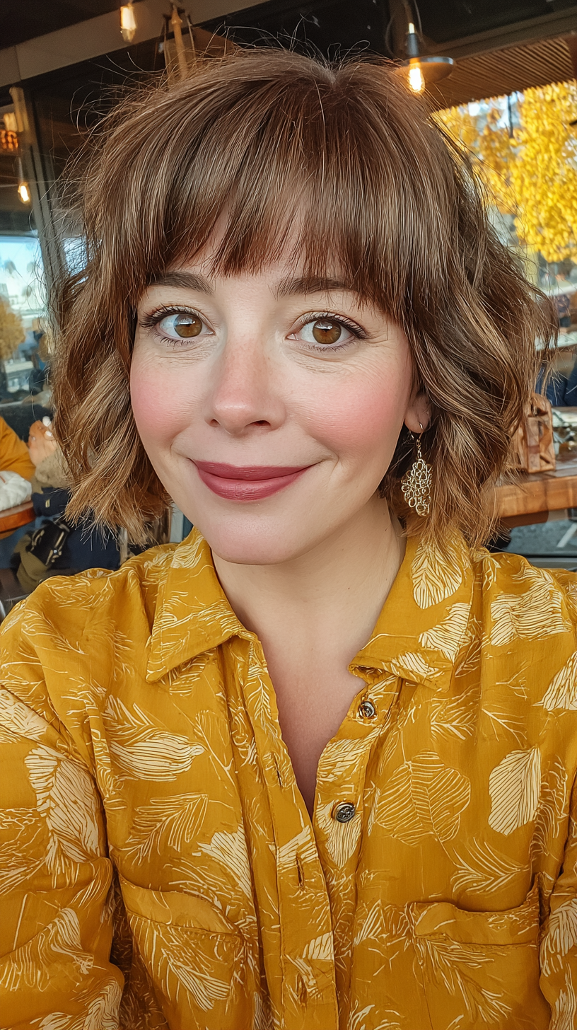Chic Textured Caramel Brown Bob with Soft Fringe